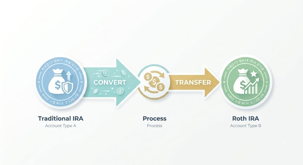 Diagram showing the backdoor Roth IRA process: convert a traditional IRA, then transfer to a Roth IRA