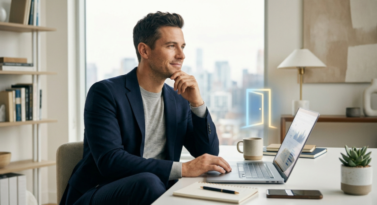Young professional reviewing retirement account growth on his laptop