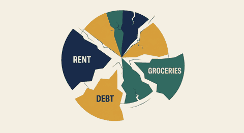 Illustration of a broken pie chart showing Rent, Debt, and Groceries as oversized, cracked slices of a household budget